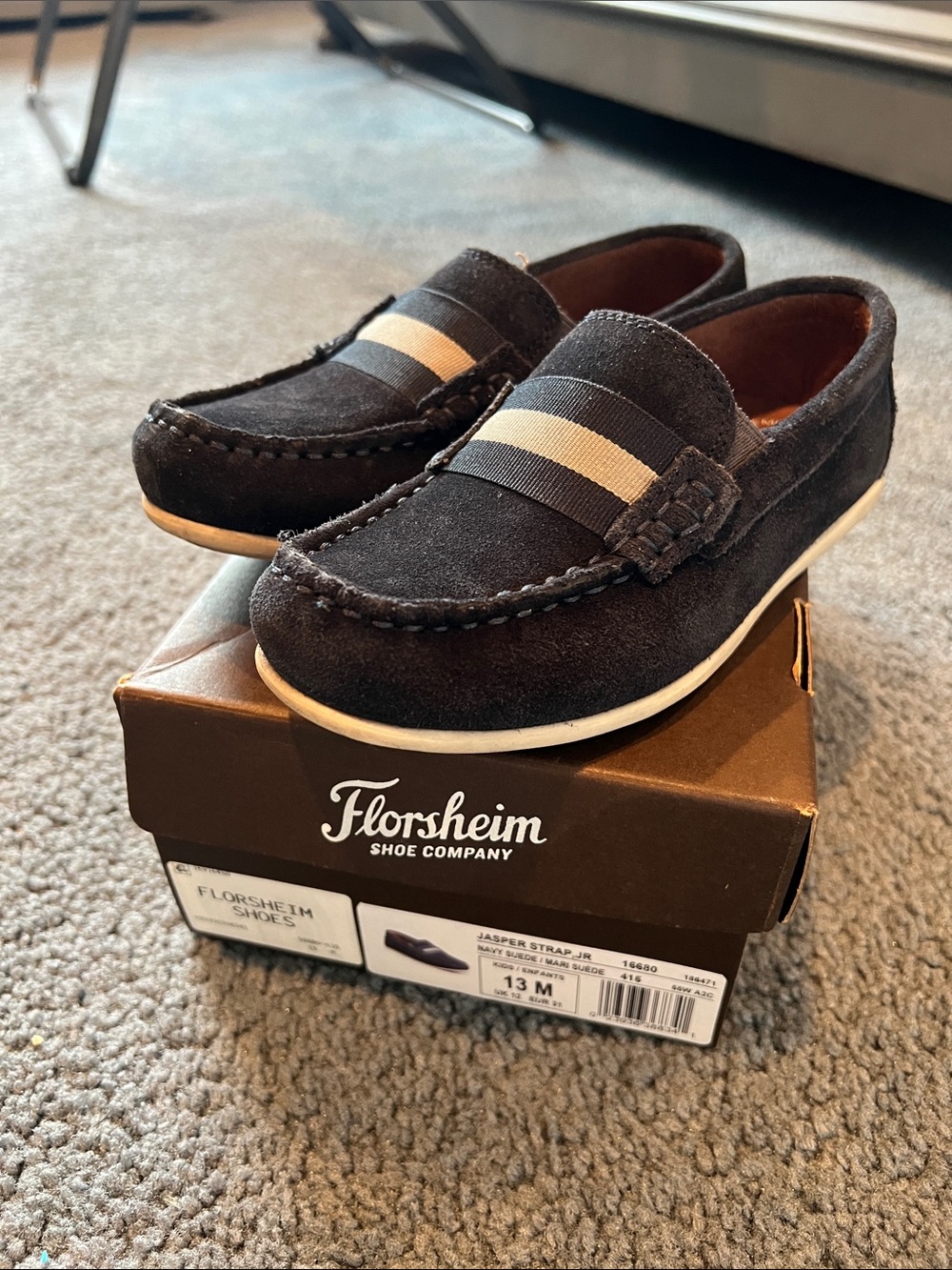 Florsheim Boys Navy Suede Slip-On Loafers with Striped Band- Size 13